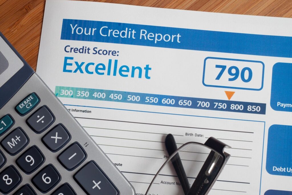 This picture depicts a high credit score with a calculator and pair of glasses to illustrate the importance of a good credit profile.